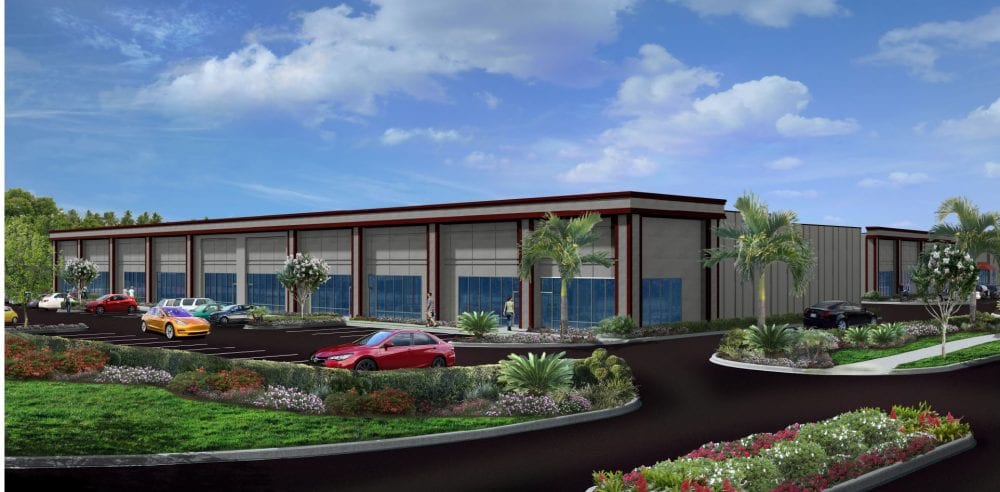 Render of a building with palm trees and cars in a parking lot