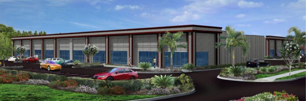 Render of a building with palm trees and cars in a parking lot
