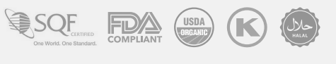 Labels, including SQF certified, FDA Compliant, USDA Organic, Kosher, and Halal